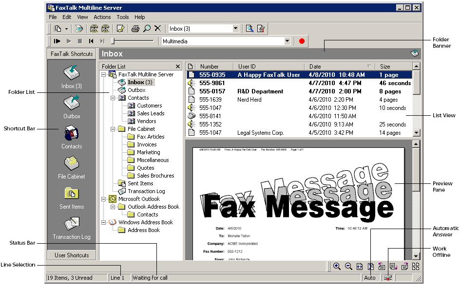 34 FaxTalk Multiline Server 9.0 Chapter 4 - Using FaxTalk Multiline Server The FaxTalk Multiline Server application is the central place for managing all of your voice messages or faxes.