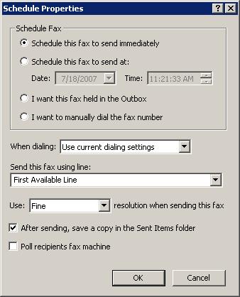 78 FaxTalk Multiline Server 9.0 Scheduling properties When you create a fax transaction and click Send the fax is sent to the selected recipients immediately.