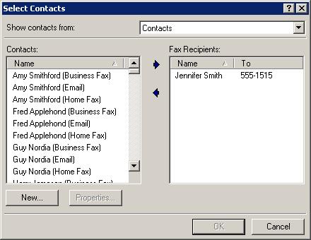 Chapter 5 - Sending Faxes 83 Figure 5-5 Select Contacts Highlight the contacts you wish to send to and click the arrow button to add the contacts to the Fax Recipients list.