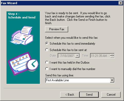 86 FaxTalk Multiline Server 9.0 Figure 5-9 Fax Wizard - Schedule and Send When you have selected when you would like to send the fax, click Finish or Send to send the fax and exit the Fax Wizard.