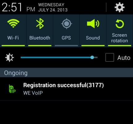Step 4 When the profile is successfully connected, the icon indicating successful registration appears at the top of the screen. Drag top notification bar down to see the registration status.