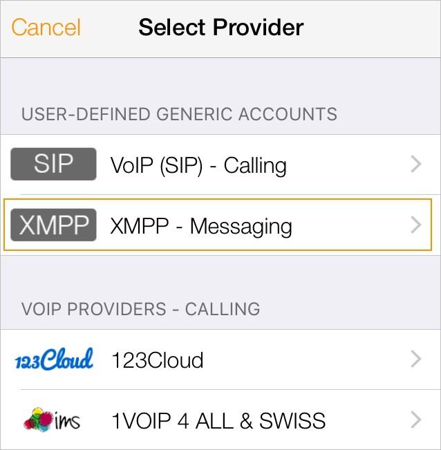 Configuring Deleting a SIP or XMPP account 4. Tap XMPP - Messaging. 5. Complete Account Name, Username, Password, and Domain with the information provided by your XMPP Provider. 6.