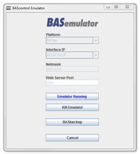 7c. The Start Emulator button will change state to Emulator Running to indicate the emulator is launched. In addition, an Emulated BASpi web page will be open in your default web browser.