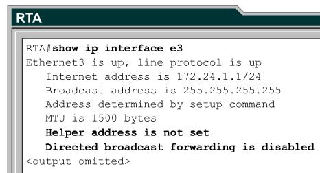 Directed Broadcast Notice that the RTA interface e3, which connects to the server farm, is not configured with helper addresses.