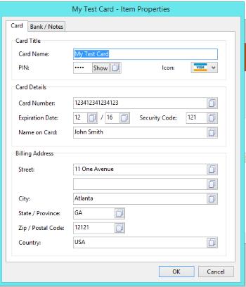 Name. As with passwords, all information is safely encrypted and stored in the database when you click the OK button. FIGURE 6. The New Credit Card dialog let you add credit cards to your database.