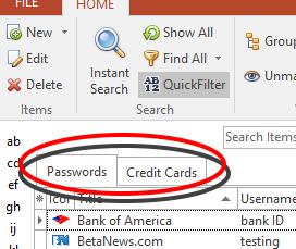 Switching sections Password Memory consists of two sections: passwords and credit cards.