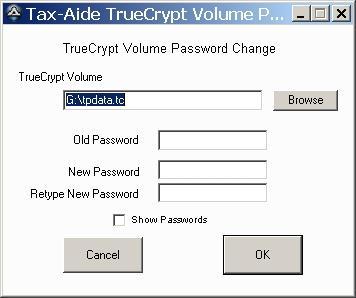 APPENDIX E Changing a Volume Password It is a good data security practice to change the Volume Password of Tax-Aide TrueCrypt Volumes annually in preparation for a new tax season.