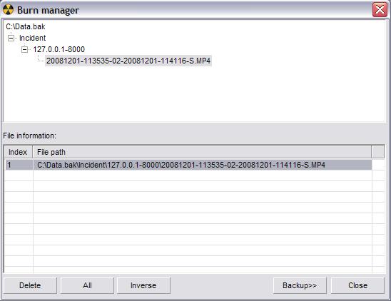 (Fig. 4-19) Each local backup is listed in the top half of the Burn Manager dialog box. Use the + to expand each backup. You can add an video file to the backup by double-clicking the file name.
