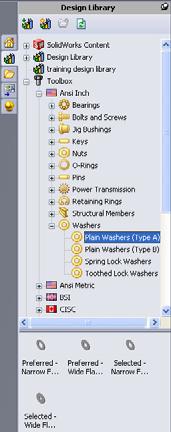 Lesson 5: SolidWorks Toolbox Basics 3 In the Toolbox Browser, browse for Ansi Inch, Washers, Plain Washers (Type A). The valid types of Type A Washers display.