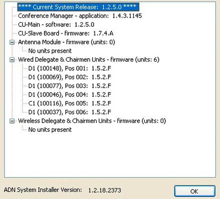 The dialog box shows the firmware versions of the connected devices. Expand the delegate and chairman unit list.