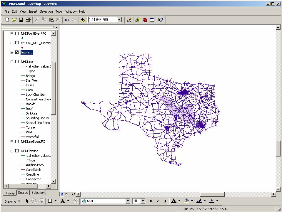 B. Clipping the Texas roads data to obtain data for the Lower Brazos River Basin (1) Make sure the hwy arc is