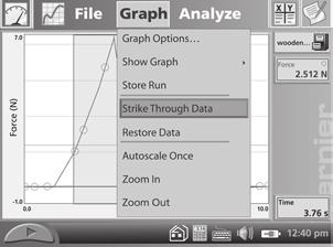 Store a run by tapping the File Cabinet Icon ; choose between stored runs with the menu to the left of the icon. Tap the axis labels to change what is graphed on that axis.