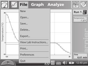The LabQuest App Screen There are four tabs across the top of the LabQuest screen: the Meter, Graph, Table, and Notes tabs. The tabs are part of LabQuest App. Tap a tab to display its screen.
