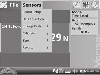 The Meter Screen The Meter screen displays a digital meter for each sensor, the current mode, and data-collection parameters. Several shortcuts are available on the Meter screen.