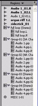 New Consolidated Region List for Audio, MIDI, and Region Groups The Edit Window displays all audio regions, MIDI regions and region groups in a single, comprehensive Region List.