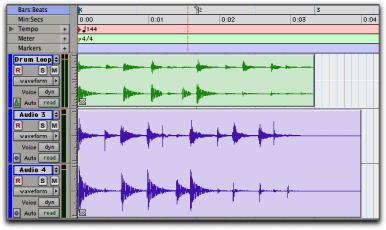 Multitrack Region Groups with Sample- and Tick-Based Tracks Multitrack region groups can include both sample-based and tick-based tracks.
