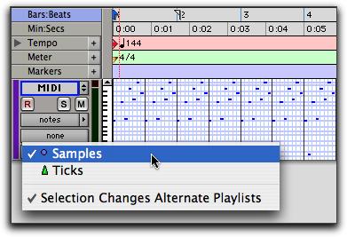 Sample-Based MIDI Pro Tools supports sample-based MIDI on MIDI and Instrument tracks. MIDI events on samplebased tracks are anchored to a sample location rather than the usual tick-based grid.