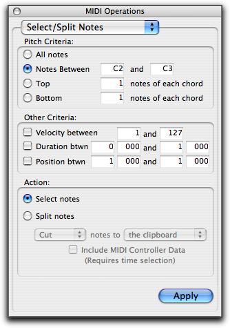 New Select and Split Notes Window Pro Tools 7.0 combines the Select Notes and Split Notes MIDI Operation in a single new Select/Split Notes window.