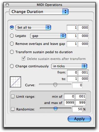 Legato, Overlap, and Duplicate Additions The Change Duration window has been updated to provide more control over legato, and the overlap of or gaps between notes.