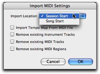 To import MIDI files to tracks: 1 Do one of the following: Choose File > Import > MIDI to Track to import MIDI files to tracks. The Import MIDI Settings dialog opens.