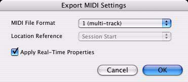 2 Choose File > Export > MIDI. The Export MIDI Settings dialog opens. Export MIDI dialog 3 From the MIDI File Format pop-up menu, select 1 (multi-track) or 0 (single-track).