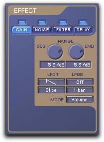 Changes to the Effect Module in AudioSuite The Effect module provides easy access to the Gain, Noise, Filter, and Delay effects and their parameters.