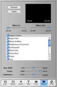 Video Effects Add Select Effects pane Select clip or portion of clip Change fade in/out 00:00
