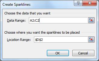 Click OK. The first sparkline is drawn in Row 2.