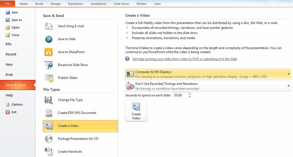 What s New in PowerPoint 2010? Create a Video PowerPoint 2010 now lets you convert your Presentations in to Videos. Step-by-Step Open the sample PowerPoint file from the Desktop of the Computer.