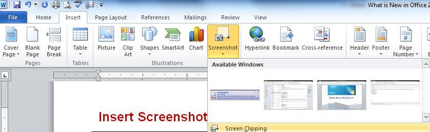 Insert Screenshots Also new is a tool that lets you take screenshots and insert them into Word documents.