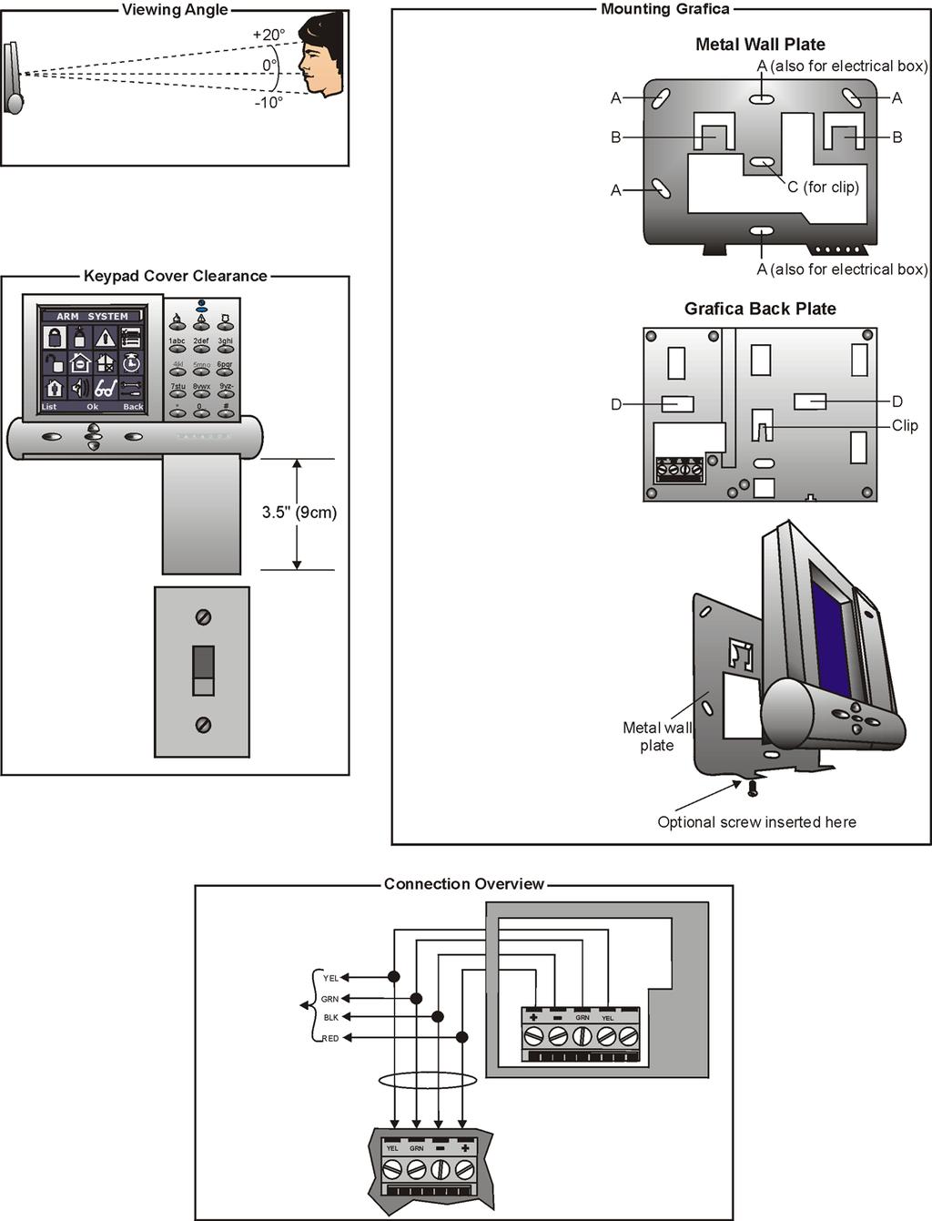 Grafica Graphic LCD Keypad Module (DNE-K07) Please Note: The Grafica keypad is best viewed at an angle between 20 and -10. Mounting the Metal Wall Plate 1) Place the wall plate to desired position.
