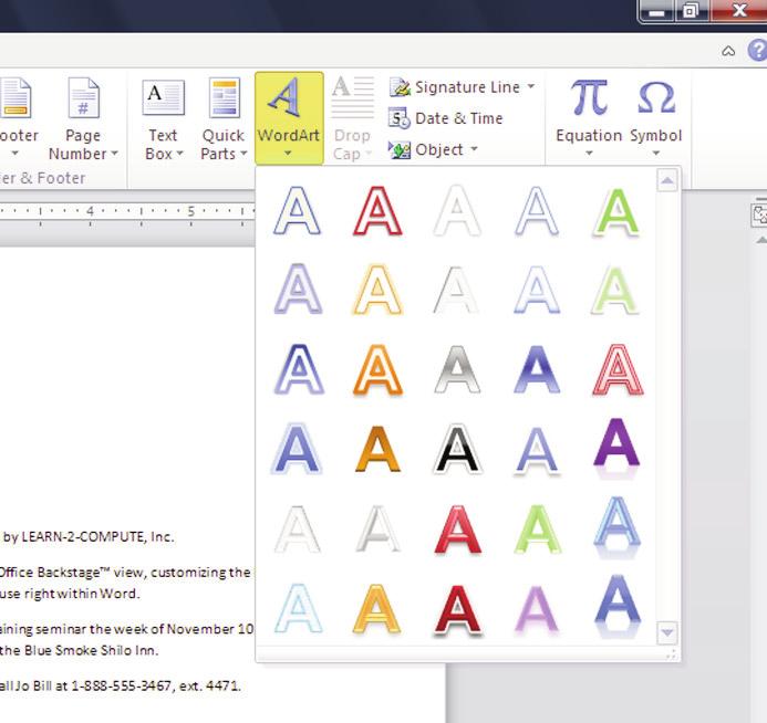 FIGURE 12 Choose the WordArt in the top row, second from left. Convert the list of features of the workshop to a bulleted list. In the Bullets list, choose the four-smalldiamond design (Figure 13).
