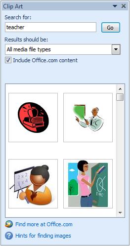 After entering the keyword(s) and then selecting pane will display the located clip art, as shown below:, the task To actually insert one of the clip art items in your publication, click on it.