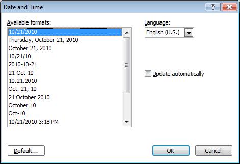 INSERTING THE DATE & TIME USAGE: You can quickly insert the current date and time into one of your text boxes.