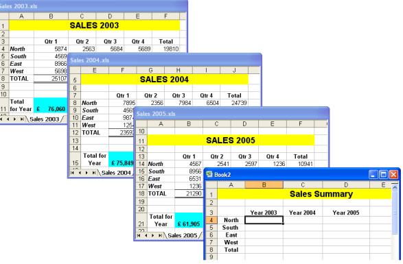 Microsoft Office Excel 2010 Level 2 13 3D Cell References using different workbooks Open all the workbooks you wish to use in the reference (We have used Sales 2003.xls, Sales 2004.xls and Sales 2005.