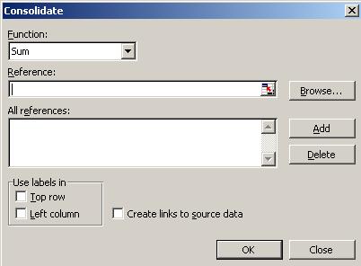Select Consolidate from the Data tab to display the Consolidate dialog box (see illustration above) Select the first area you wish to consolidate by clicking on the