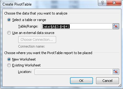 external data source, click the Use an external data source option In the Choose where you want the PivotTable report to be placed section select either a New Worksheet or an Existing worksheet.