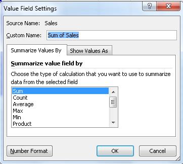 PivotTable group of buttons click in the PivotTable Name box and enter a name for your PivotTable To change the Data section to Average, Min, Max etc Click on a field in the Sum of Sales section Then