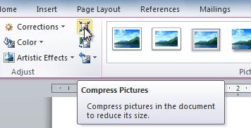 To compress a picture: 1. Select the picture. The Format tab will appear. 2. Select the Format tab. 3. Click the Compress Pictures command in the Adjust group. A dialog box appears. 4.