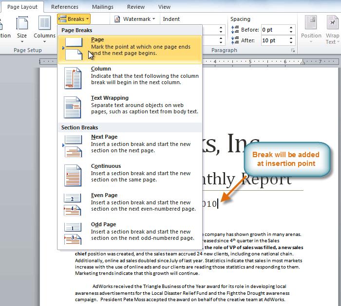 Page breaks move text to a new page before reaching the end of a page, while section breaks create a barrier between parts of the document for formatting purposes.