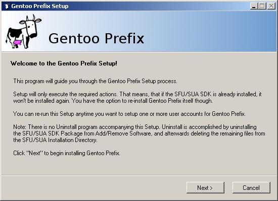 2 INSTALLATION 2 Installation 2.1 Installation Media At the moment, Gentoo Prex for Windows is provided on a Universal DVD Image, which covers all supported Windows platforms.
