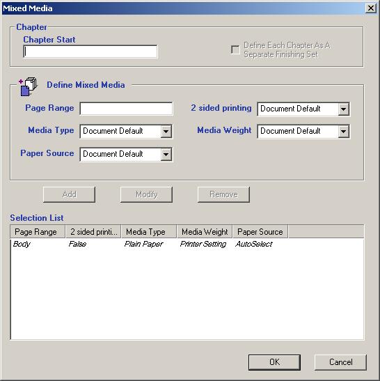 A-134 Print Options 3. Click the Paper Source print option bar, and then click Define. The Mixed Media dialog box appears.