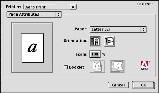2-44 Printing from Mac OS Computers TO SET PRINT OPTIONS AND PRINT WITH THE ADOBEPS PRINTER DRIVER 1. Open a file and choose Page Setup from the application s File menu. 2.