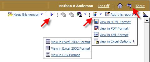Report Output Options After a report is run, a number of icons will be displayed on the top right that allow for the export of the report in different formats.