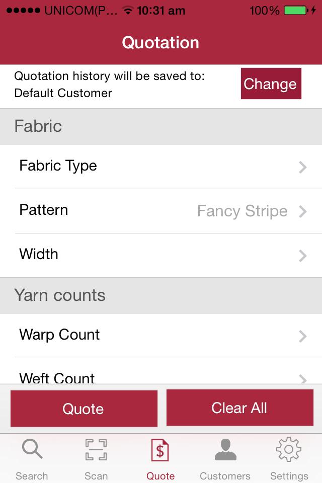 5. Quote 5b) Request quotation by fabric attributes Click