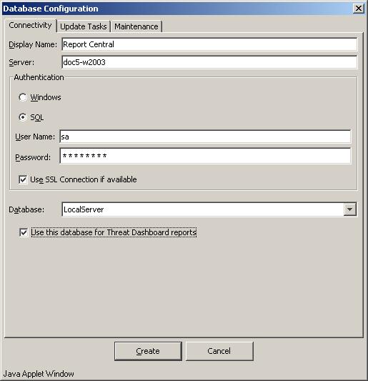 Configuration 2. In the Database Connection screen, click Register, and then select the Connectivity tab. 3. Identify the Report Central database server.