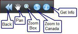 Zoom Box - Click this icon and draw a box around the area you wish to zoom Zoom to Canada - Click to zoom out to view the entire country.