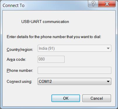 In Hyperterminal select COMX (or the specific communication port that is assigned to KitProg USB-UART) in 'Connect using'