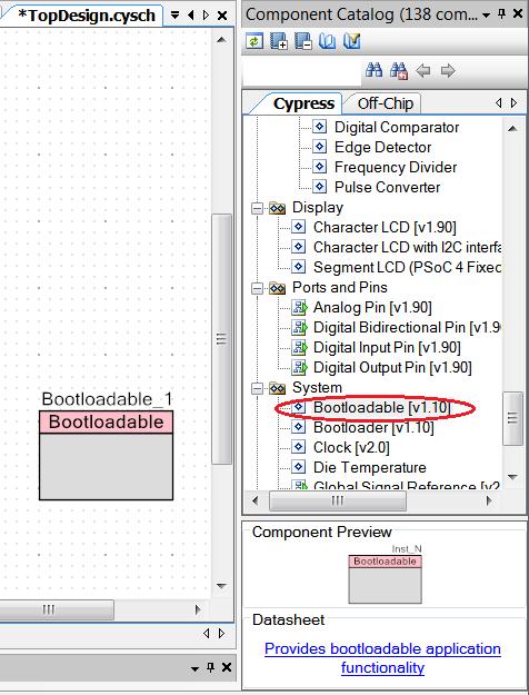 Advanced Section 2. Navigate to the Schematic view and drag and drop a Bootloadable component on the top design.