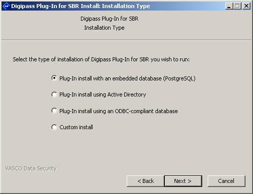 The Installation Type dialog will be displayed. 4. Select Plug-In install with an embedded database. The Select Components dialog will be displayed. 5.